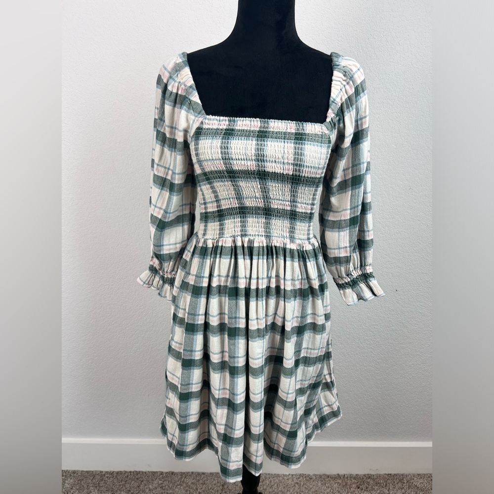 Madewell Smocked Lucie Elbow Sleeve Plaid Mini Dress Size XS